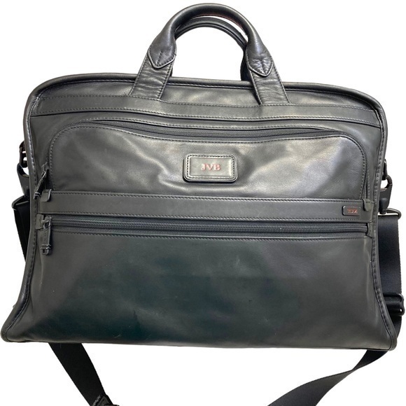 Tumi black leather mens briefcase bag
